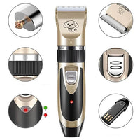 Cordless Rechargeable Pet Fur Trimmer Set with Four Guide Combs, a Cleaning Brush and a Charging Cable