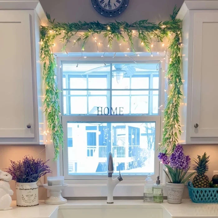 Indoor Garland with Ornaments and Golden Fairy Lights in Five Seasonal Styles for Mantels and Stairs