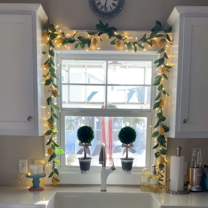 Indoor Garland with Ornaments and Golden Fairy Lights in Five Seasonal Styles for Mantels and Stairs