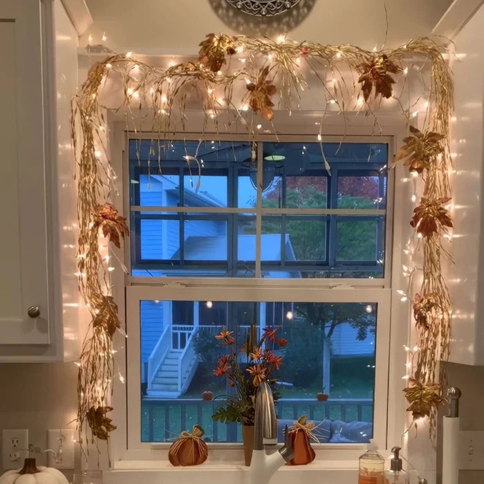 Indoor Garland with Ornaments and Golden Fairy Lights in Five Seasonal Styles for Mantels and Stairs