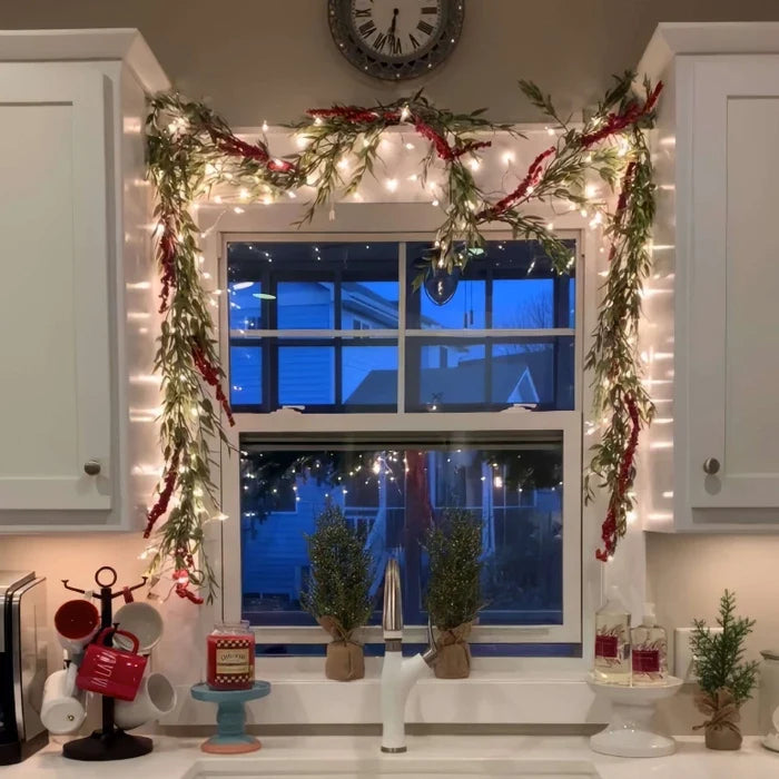Indoor Garland with Ornaments and Golden Fairy Lights in Five Seasonal Styles for Mantels and Stairs