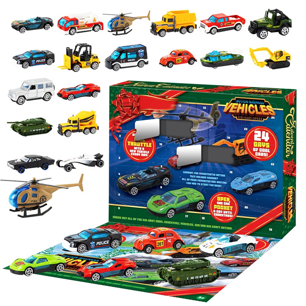 Toy Vehicle Countdown Calendar with 24 Mini Cars and Trucks in 1 to 64 Scale for Car Fans