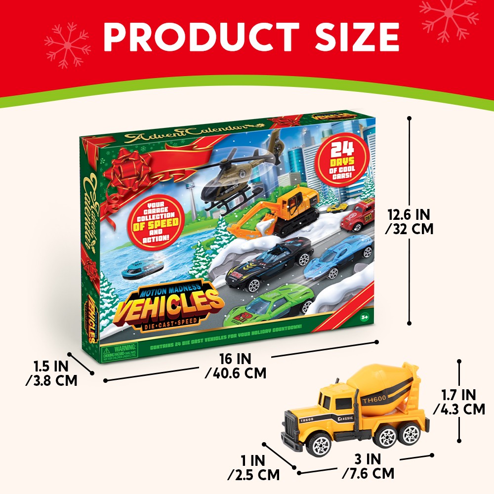 Toy Vehicle Countdown Calendar with 24 Mini Cars and Trucks in 1 to 64 Scale for Car Fans