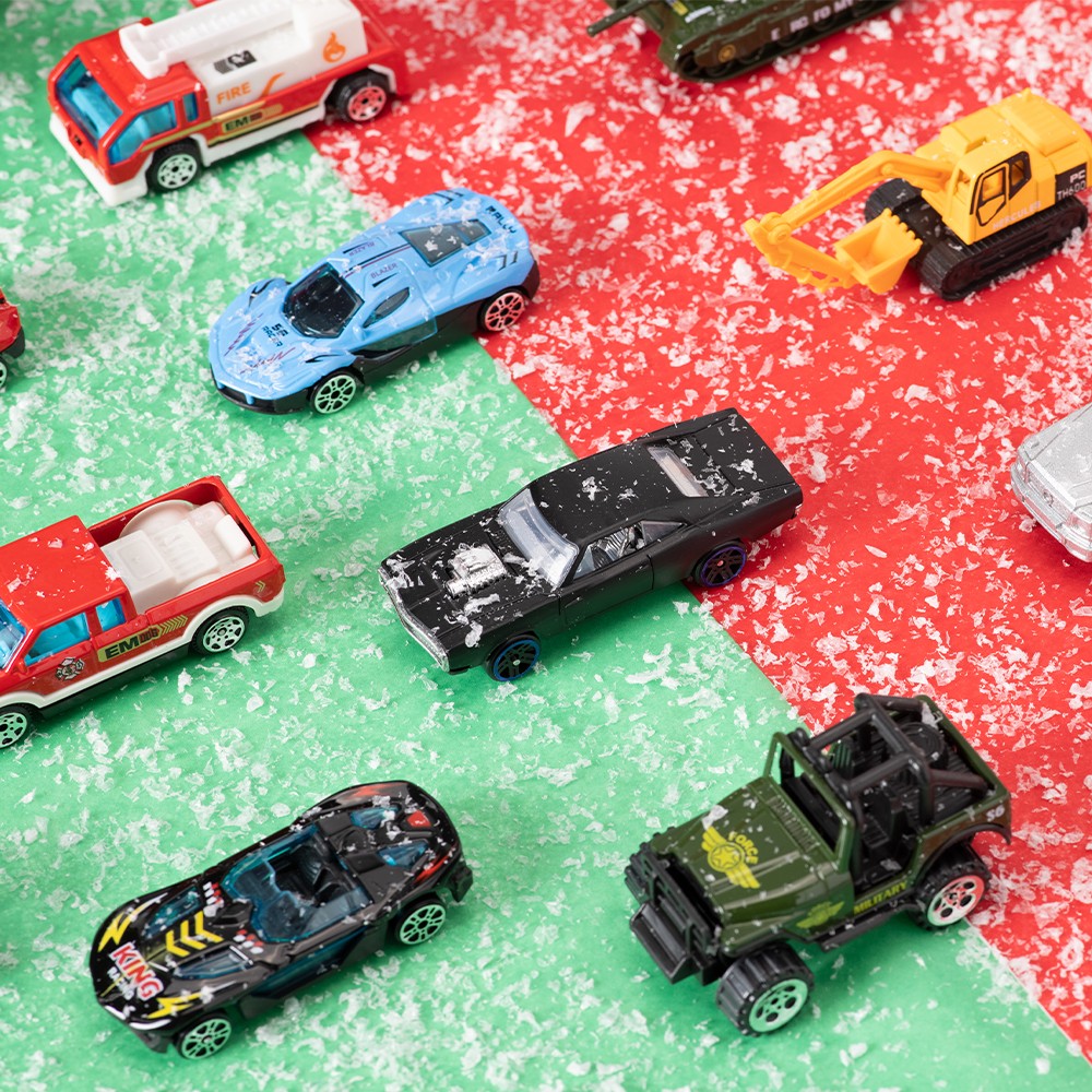 Toy Vehicle Countdown Calendar with 24 Mini Cars and Trucks in 1 to 64 Scale for Car Fans
