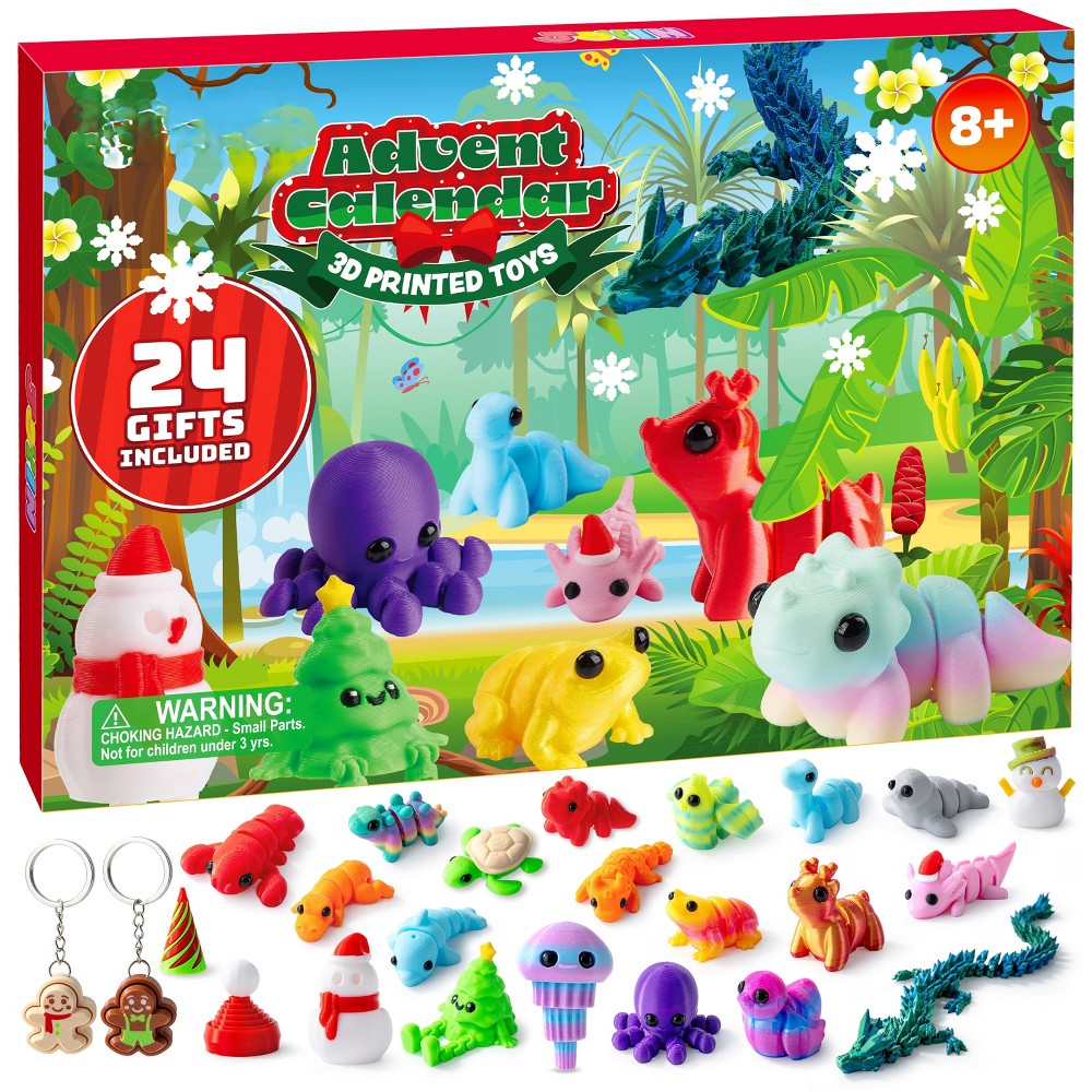 Countdown Box with 24 Hard 3D Printed Figures Shaped Like Animals and Festive Items