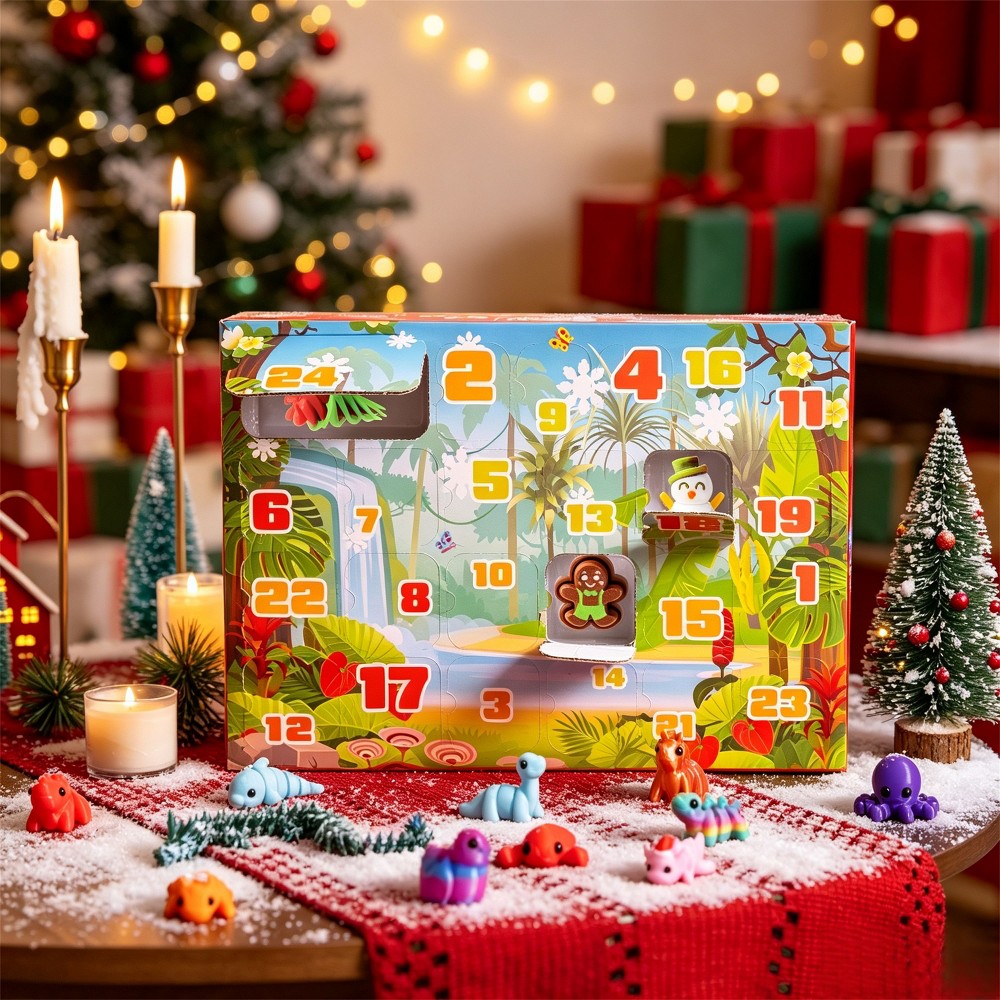Countdown Box with 24 Hard 3D Printed Figures Shaped Like Animals and Festive Items