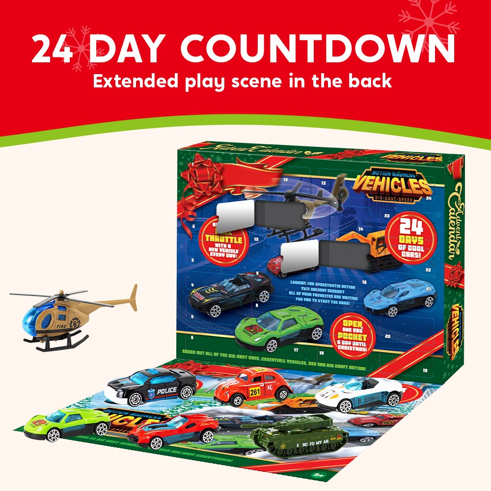 Toy Vehicle Countdown Calendar with 24 Mini Cars and Trucks in 1 to 64 Scale for Car Fans
