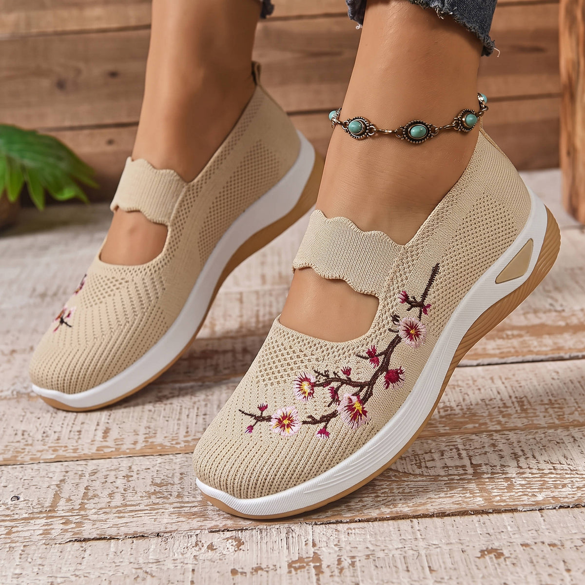 Breathable Mary Jane Shoe with Mesh Upper and Elastic Instep Strap, Floral Embroidery