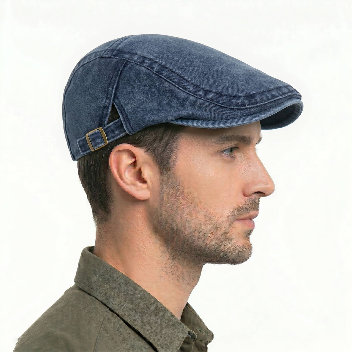 Distressed Denim Flat Cap with Eight Panel Construction and Adjustable Band