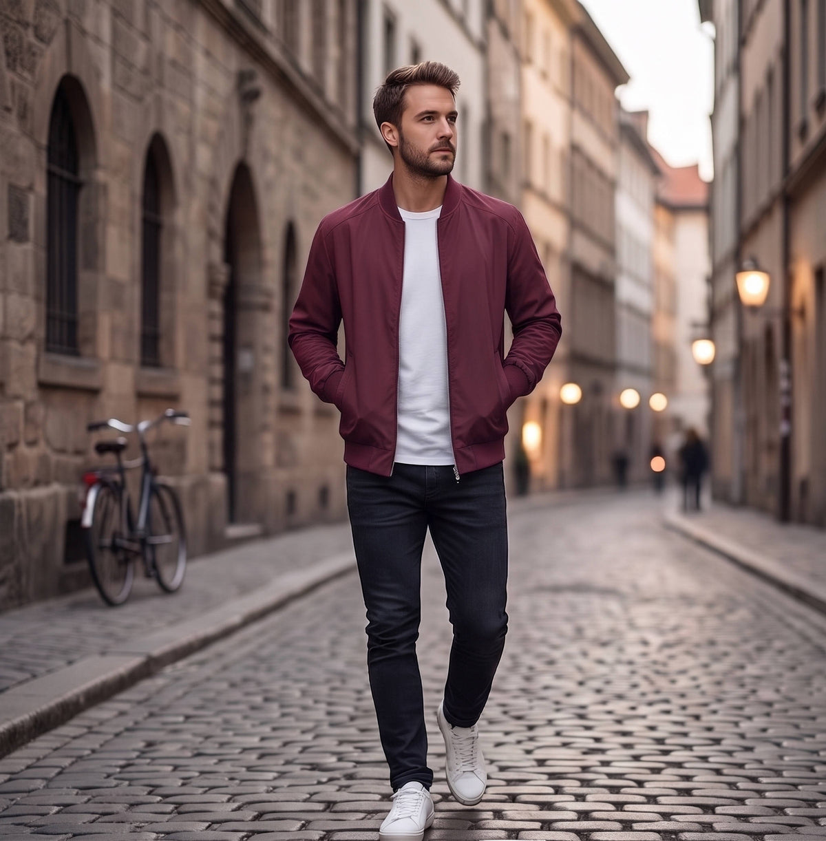 Matte Bomber Jacket with Metal Zipper and Rib Knit Trim for Men