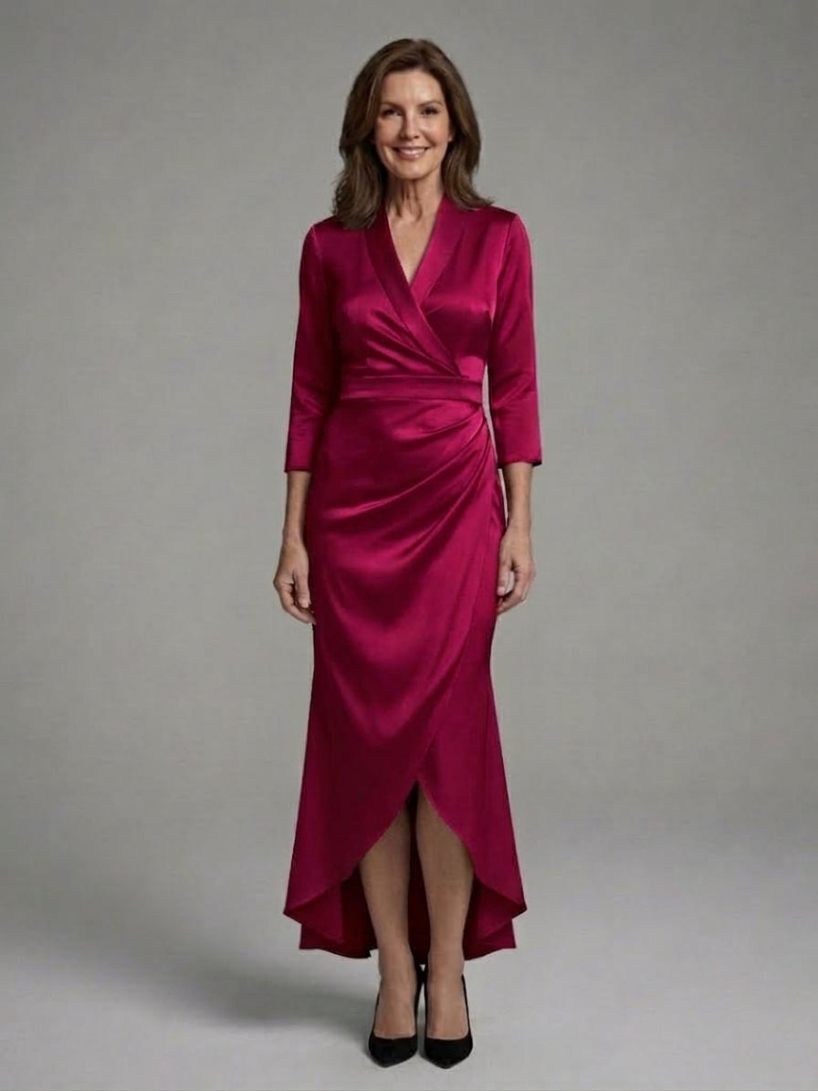 Women's Long Sleeve Midi Dress with Fluid Drape and Natural Shape Following Cut