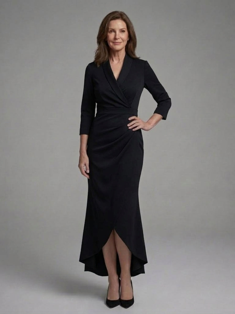Women's Long Sleeve Midi Dress with Fluid Drape and Natural Shape Following Cut