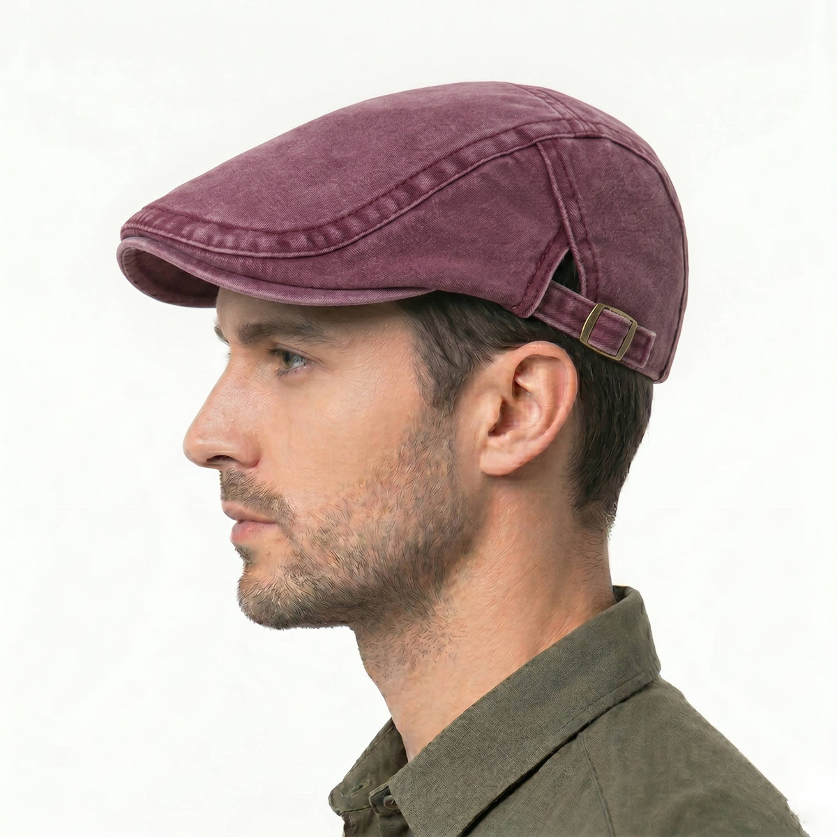 Distressed Denim Flat Cap with Eight Panel Construction and Adjustable Band