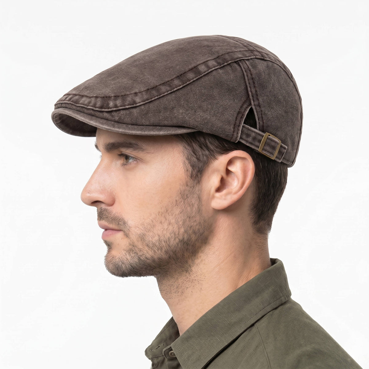 Distressed Denim Flat Cap with Eight Panel Construction and Adjustable Band