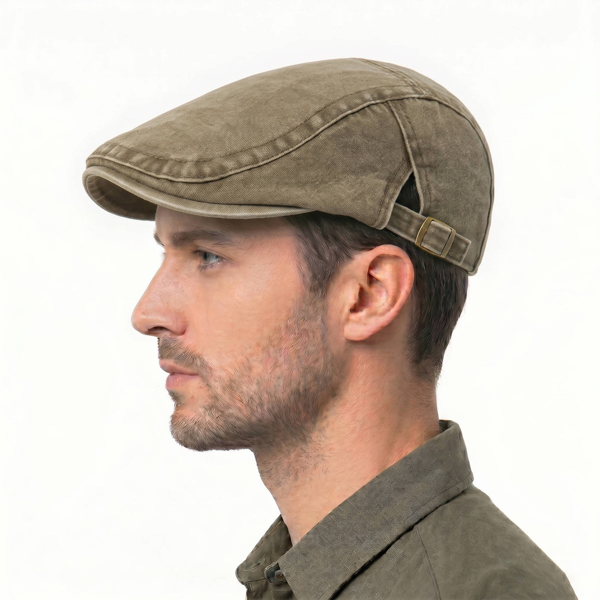Distressed Denim Flat Cap with Eight Panel Construction and Adjustable Band