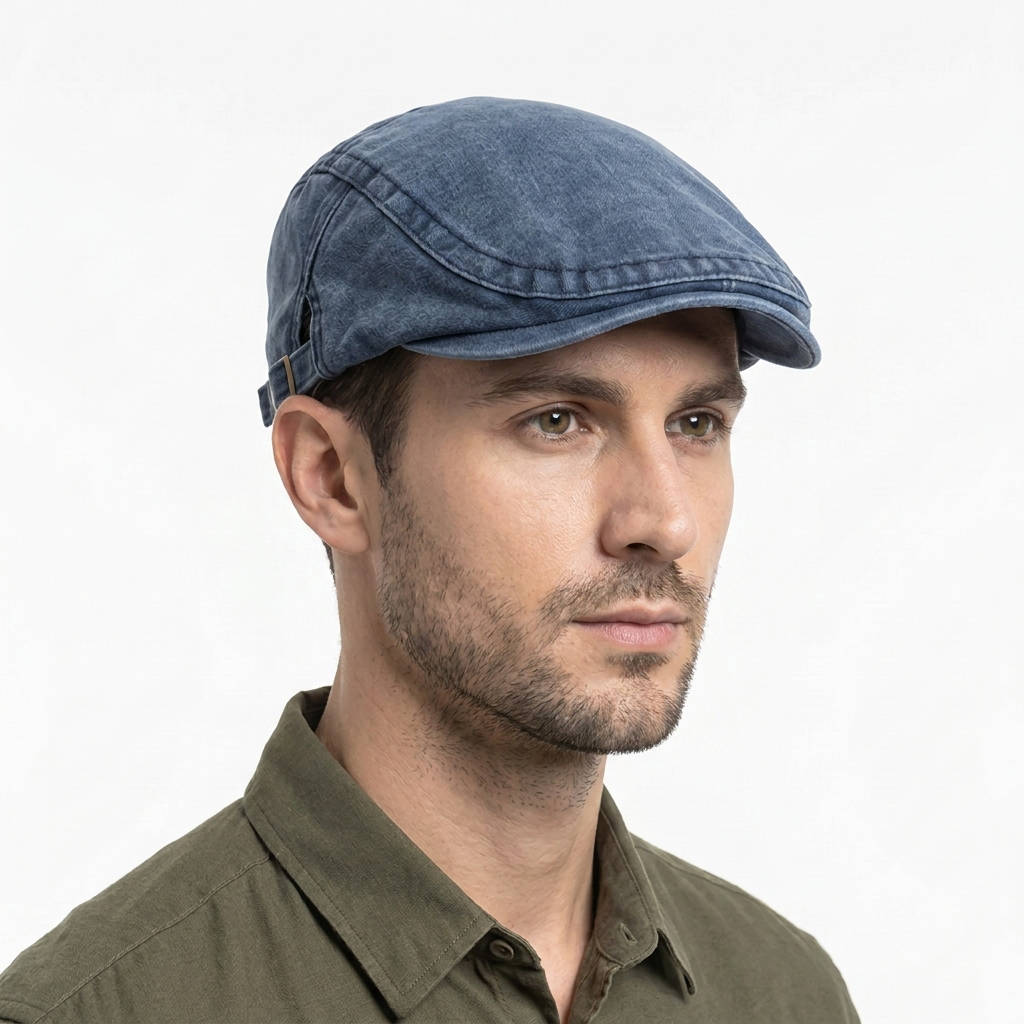 Distressed Denim Flat Cap with Eight Panel Construction and Adjustable Band