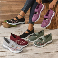 Breathable Mary Jane Shoe with Mesh Upper and Elastic Instep Strap, Floral Embroidery