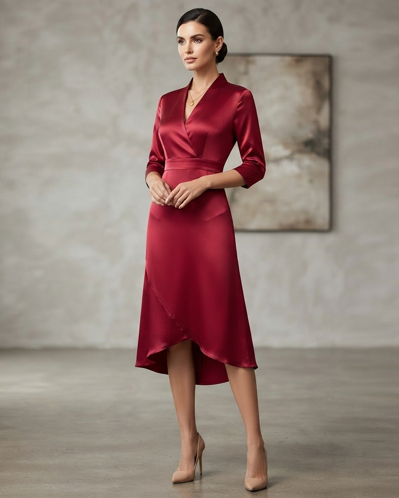 Women's Long Sleeve Midi Dress with Fluid Drape and Natural Shape Following Cut