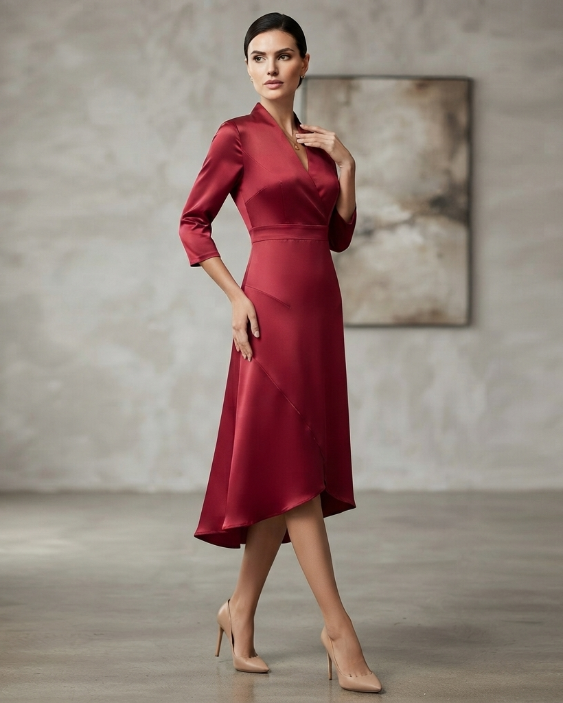 Women's Long Sleeve Midi Dress with Fluid Drape and Natural Shape Following Cut