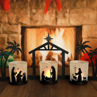 Metal Nativity Candle Display with LED Tealights and Glass Cups, Three-Piece Set