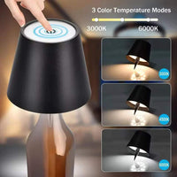 Black LED Bottle Table Lamp with touch control and color temperature modes displayed.