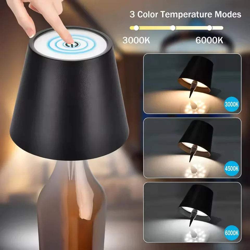 Black LED Bottle Table Lamp with touch control and color temperature modes displayed.