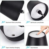 Collage of a black LED Bottle Table Lamp  with features highlighted, including aluminum paint body, soft acrylic shade, Type-C charging, and touch switch.