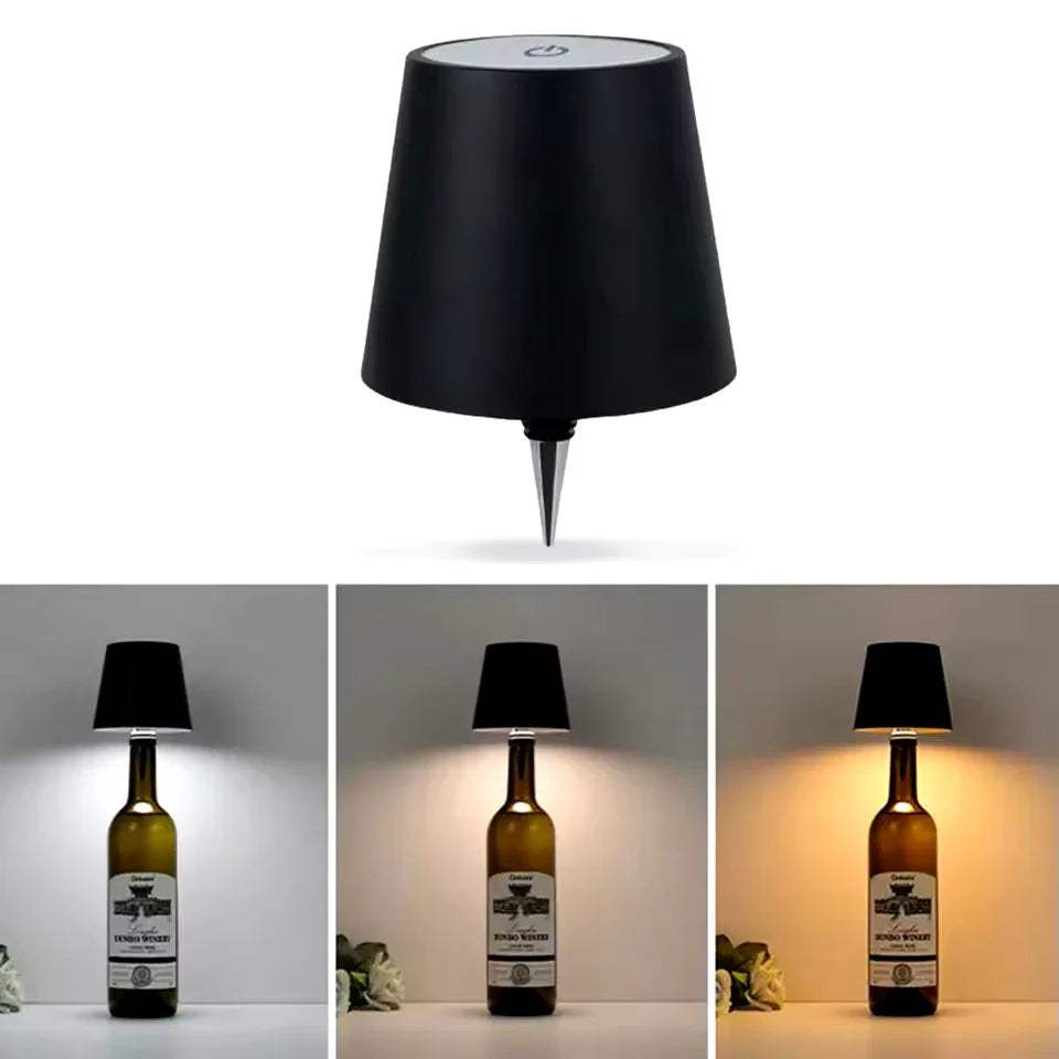 Black LED Bottle Table Lamp  on a bottle with light output shown in different settings.