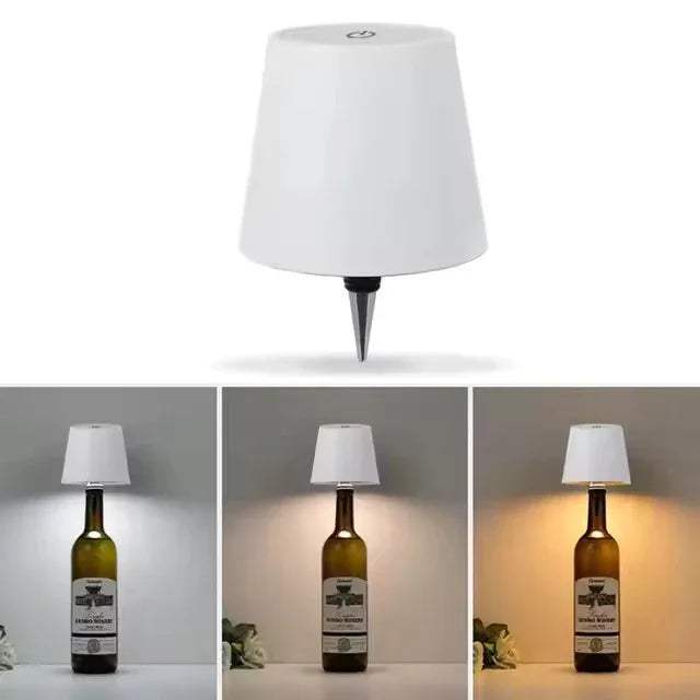 Collage of a LED Bottle Table Lamp  from a wine bottle with a white shade, shown in different lighting conditions.
