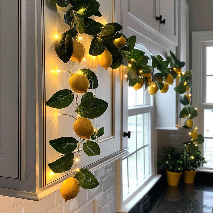 Indoor Garland with Ornaments and Golden Fairy Lights in Five Seasonal Styles for Mantels and Stairs
