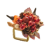 Cornucopia Napkin Ring with Raised Pumpkins, Berries and Leaves, Set of 4