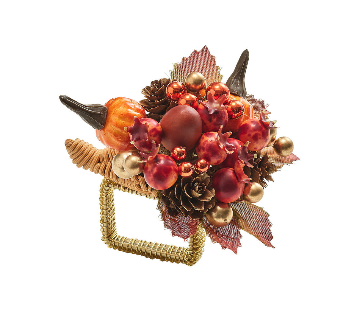 Cornucopia Napkin Ring with Raised Pumpkins, Berries and Leaves, Set of 4
