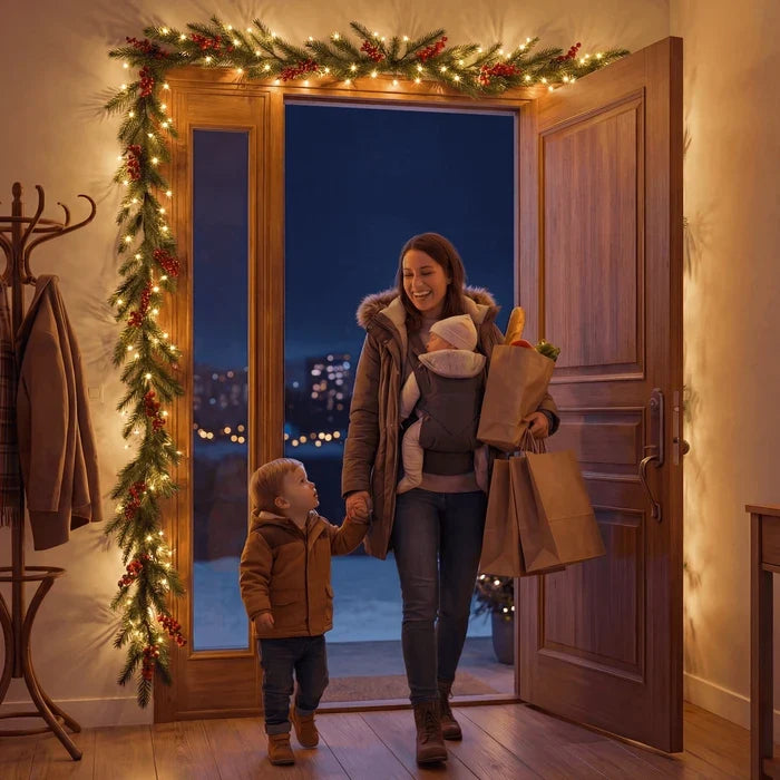 Indoor Garland with Ornaments and Golden Fairy Lights in Five Seasonal Styles for Mantels and Stairs