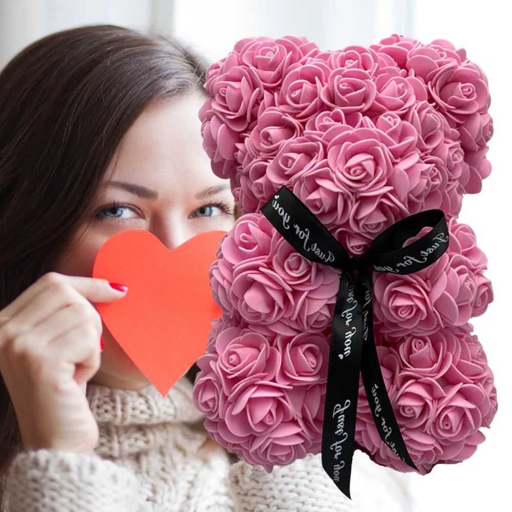 Foam Rose Teddy Bear About 9.8 Inches Tall with a Ribbon in Seven Colors
