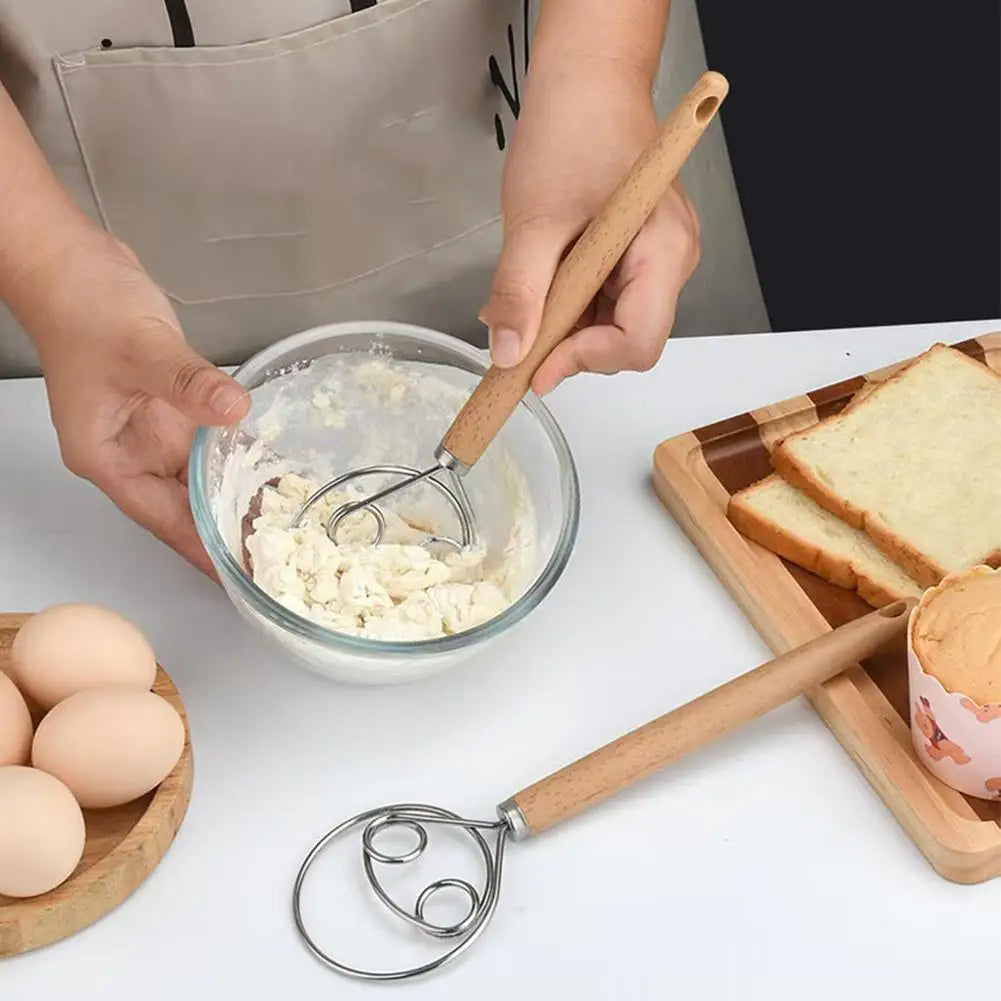 Heavy Dough Whisk with Seamless Stainless Steel Coil and Beechwood Handle