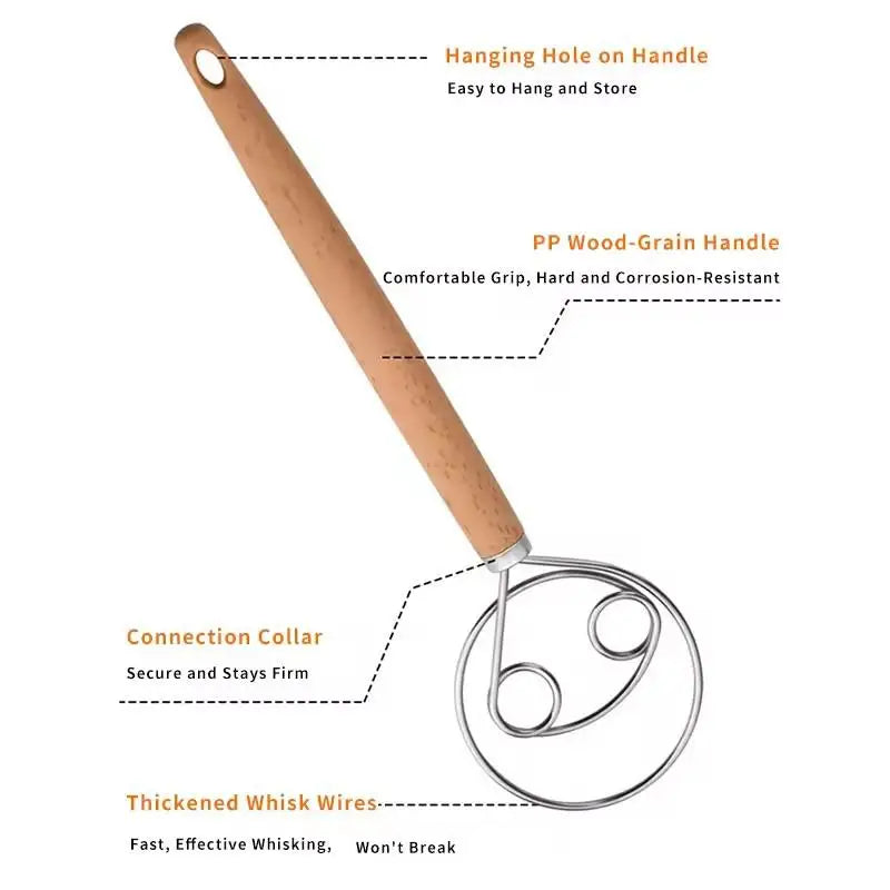 Heavy Dough Whisk with Seamless Stainless Steel Coil and Beechwood Handle