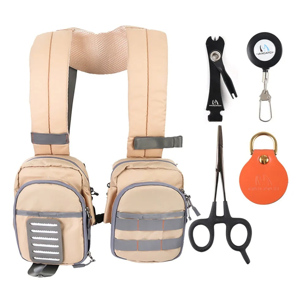 Fly Fishing Chest Bag with Tool Loops and Mesh Pockets, Ventilated Back Panel