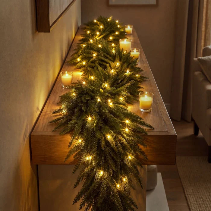 Nine Foot Evergreen Garland with Soft Golden Lights in Extra Thick Or Ordinary Style for Stairs and Mantels