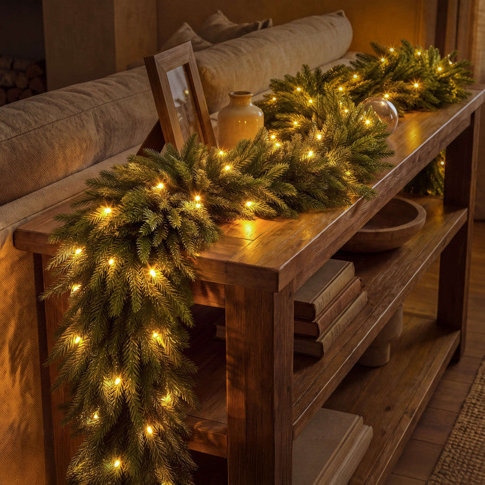 Nine Foot Evergreen Garland with Soft Golden Lights in Extra Thick Or Ordinary Style for Stairs and Mantels