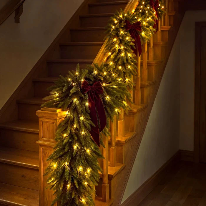 Nine Foot Evergreen Garland with Soft Golden Lights in Extra Thick Or Ordinary Style for Stairs and Mantels
