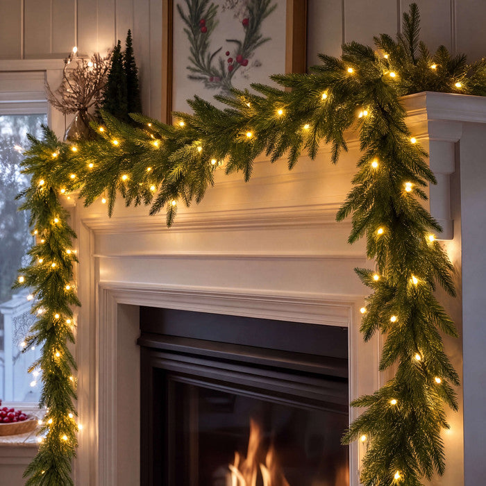 Nine Foot Evergreen Garland with Soft Golden Lights in Extra Thick Or Ordinary Style for Stairs and Mantels