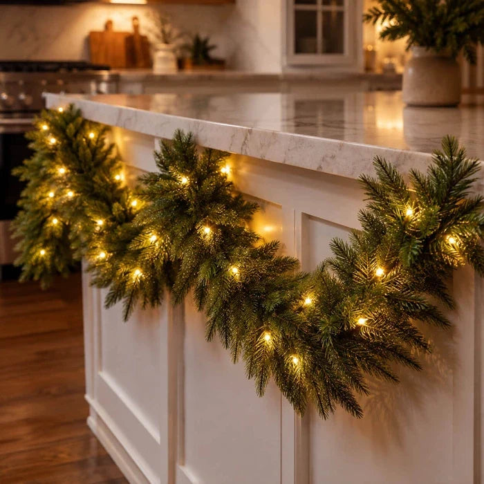 Nine Foot Evergreen Garland with Soft Golden Lights in Extra Thick Or Ordinary Style for Stairs and Mantels