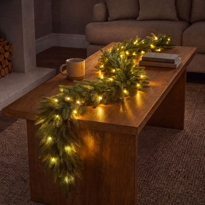 Nine Foot Evergreen Garland with Soft Golden Lights in Extra Thick Or Ordinary Style for Stairs and Mantels