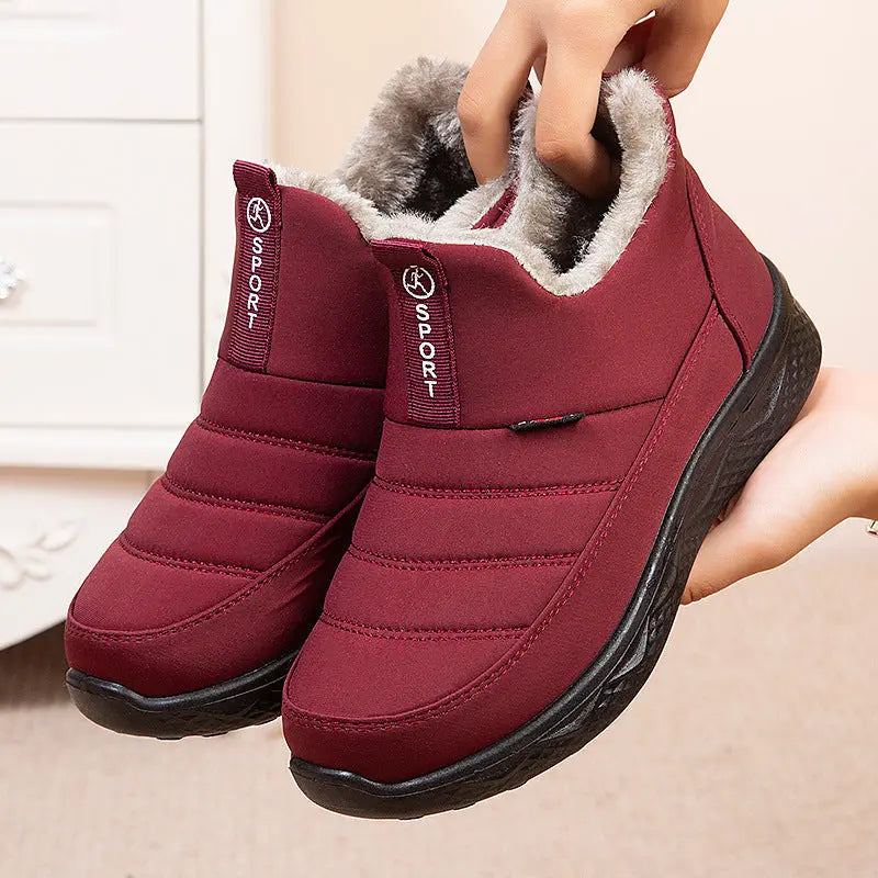Womens Zip Up Ankle Boots with Fur Lining and Rubber Sole in Red Or Black for Winter
