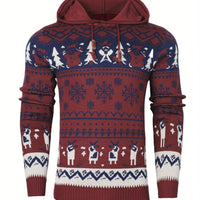 Christmas Hooded Sweater with Reindeer, Snowflake and Star Patterns and Drawstring Hood