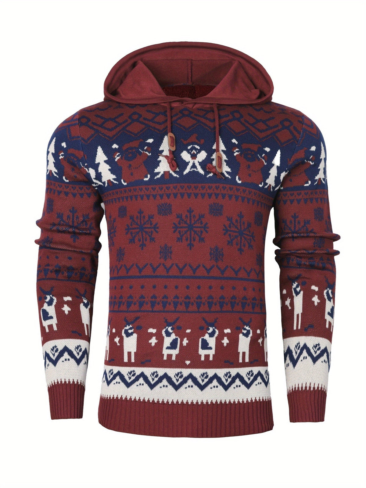 Christmas Hooded Sweater with Reindeer, Snowflake and Star Patterns and Drawstring Hood