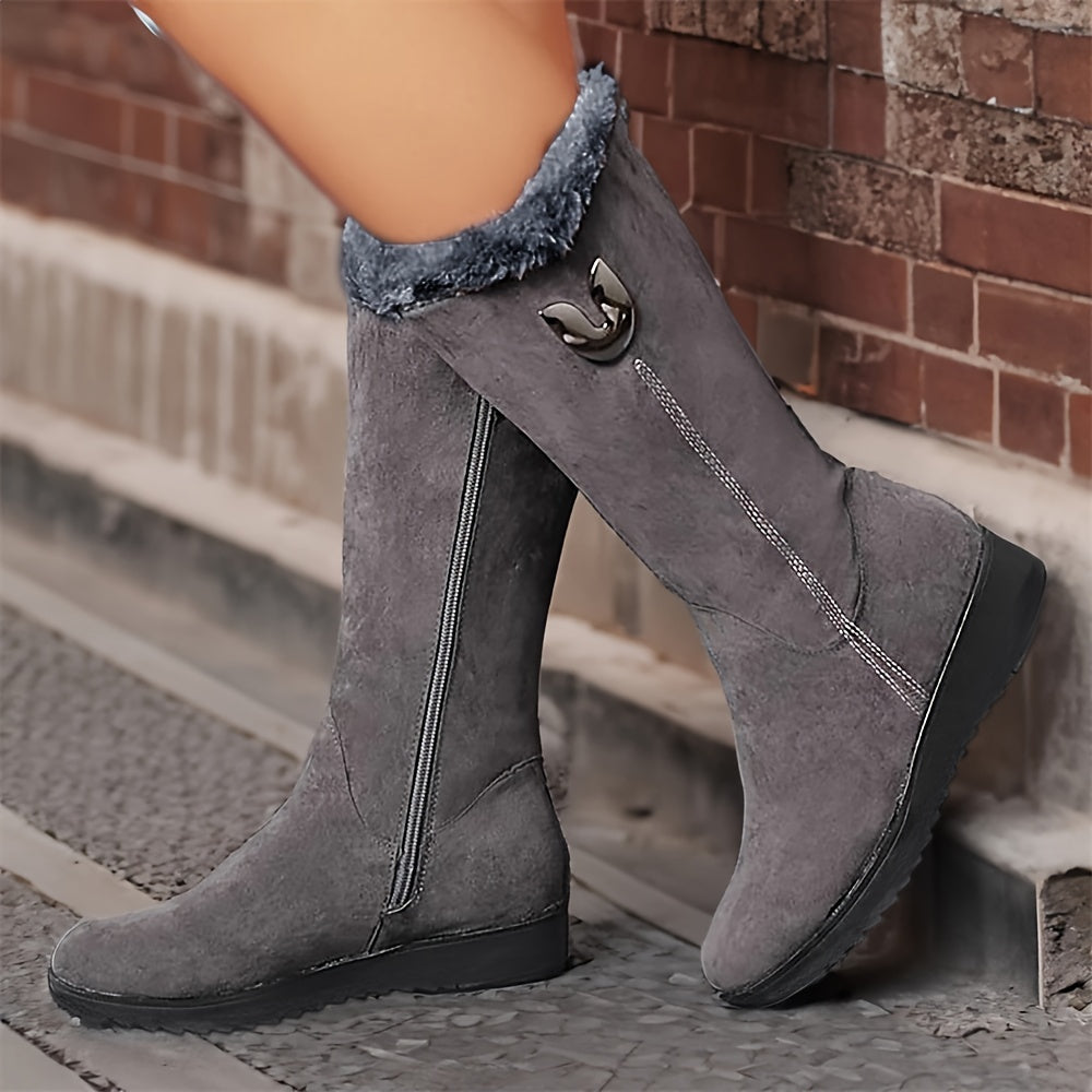 Womens Mid Calf Winter Boots with a Plush Cuff, Lining and Flat Sole in Black, Space Gray or Red Size 5