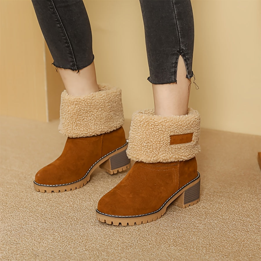 Womens Cuffed Ankle Boots with a Plush Cuff, Block Heel and Slip On Style in Black Size 9