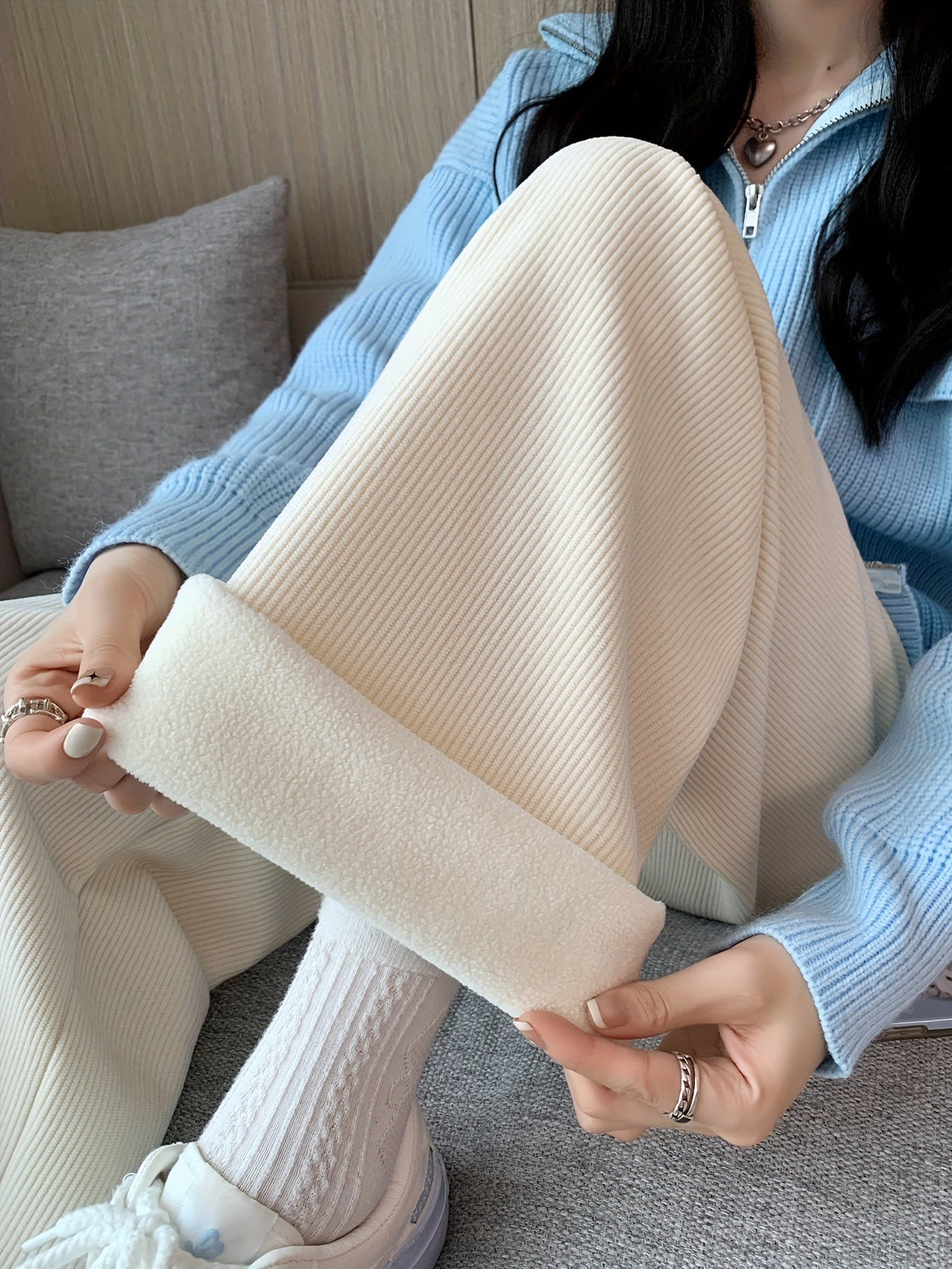 Wide Leg Lounge Pants with Thermal Lining and Elastic Waistband