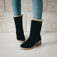 Womens Cuffed Ankle Boots with a Plush Cuff, Block Heel and Slip On Style in Black Size 9